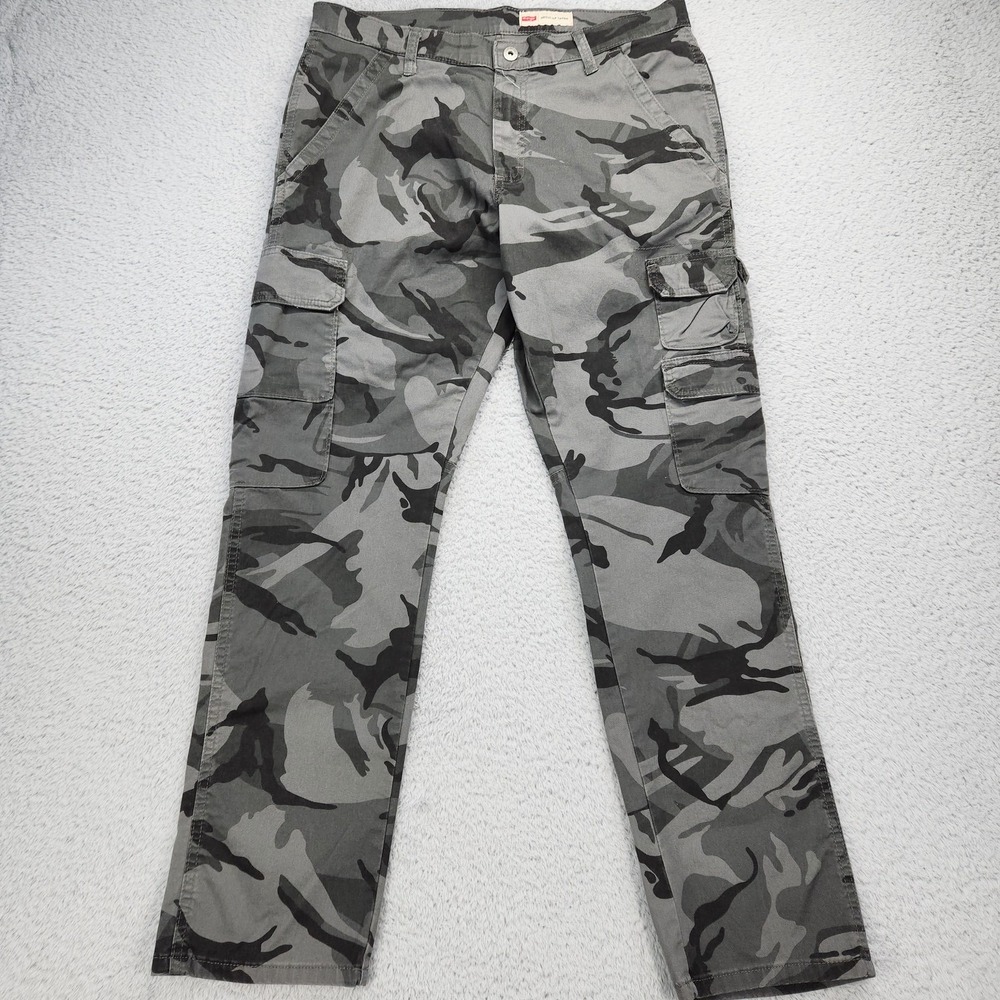 Wrangler Regular Taper Cargo Pants Mens 33x30 Gray Camo Stretch Canvas Casual